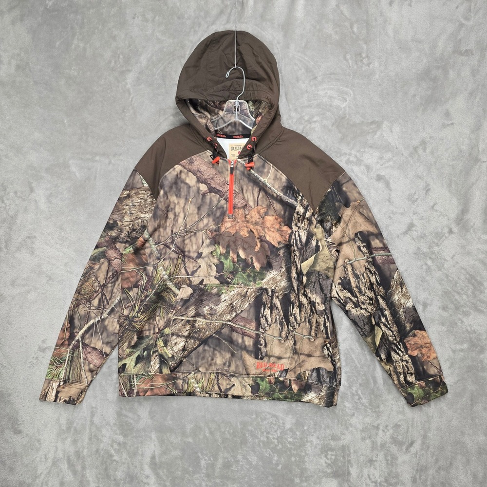 Redhead Mens Camo 1/4 Zip Hoodie Mossy Oak Fleece Pullover Brown L Hunt Gorpcore